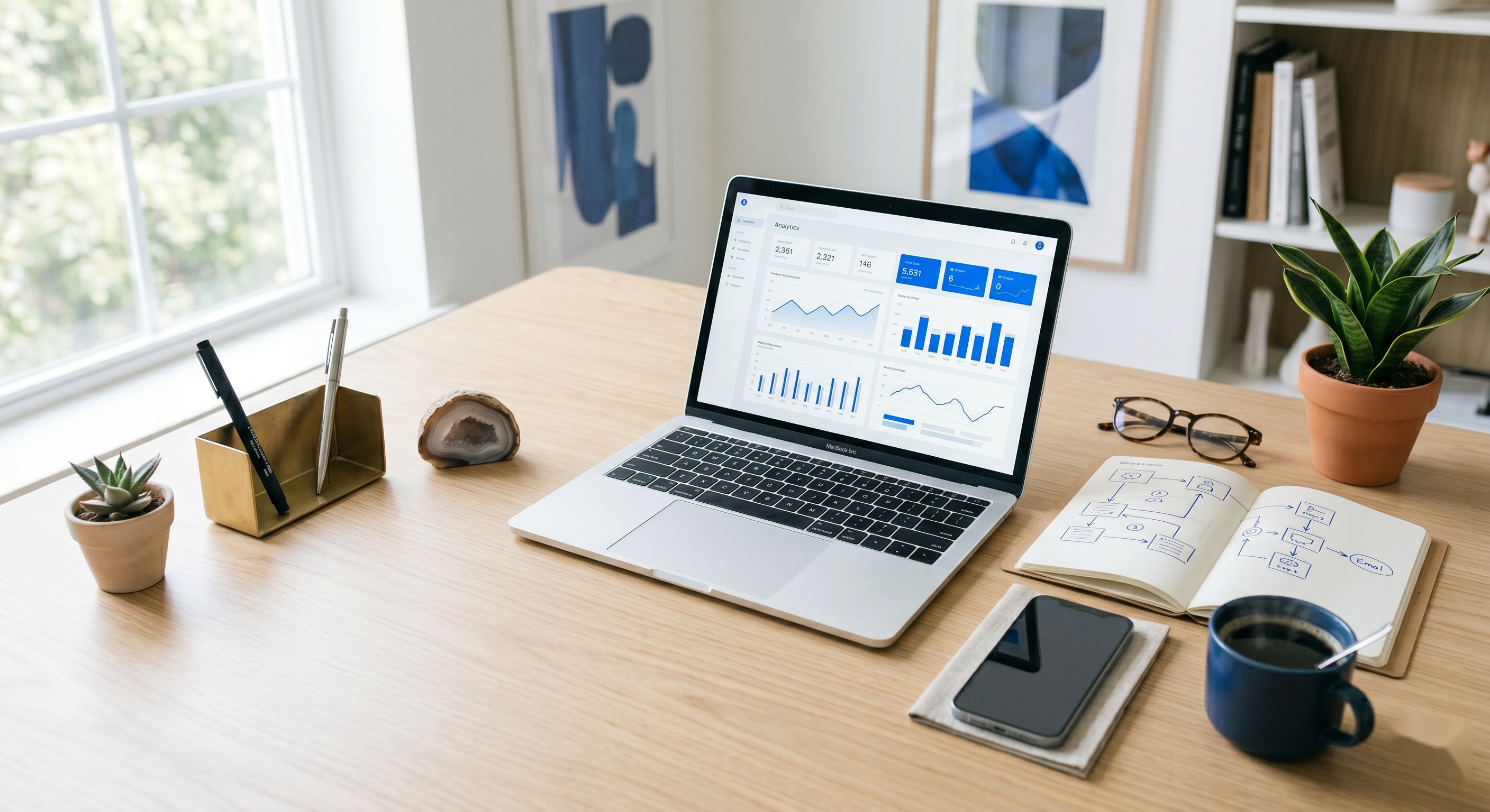 Clean modern workspace with a laptop showing an analytics dashboard